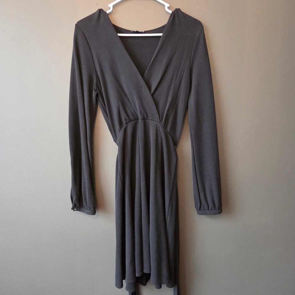 Theory Black Wool Blend Long Sleeve V-Neck Faux Wrap Mini Dress Size M Chic Work